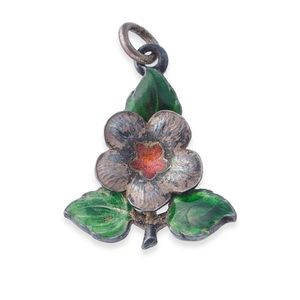 Vintage Sterling Silver Guilloche Enamel Flower Pendant / Charm Green Orange